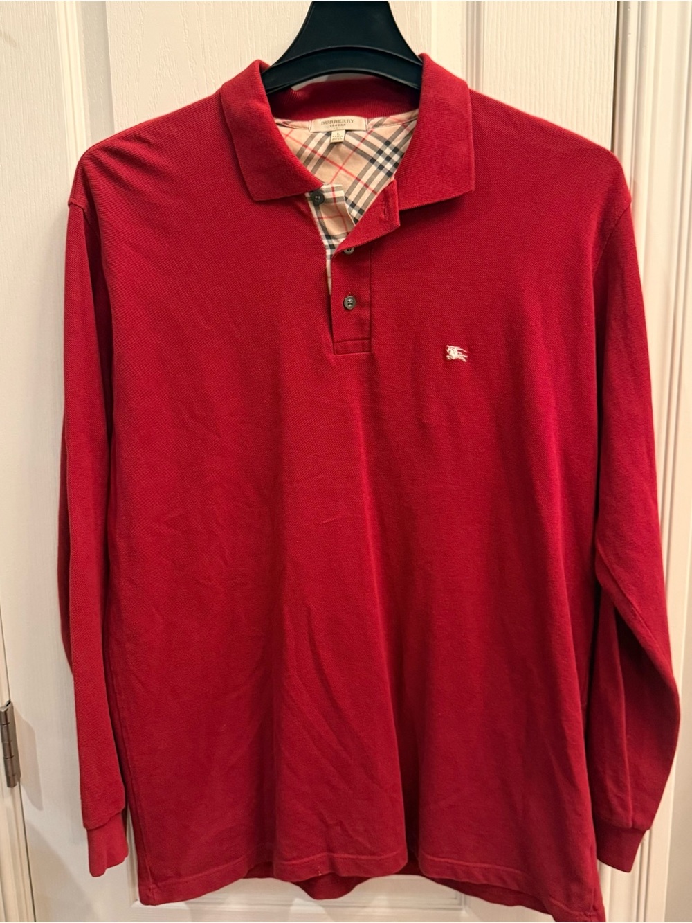 Burberry London Men's Red Long-Sleeve Polo Shirt. Size large